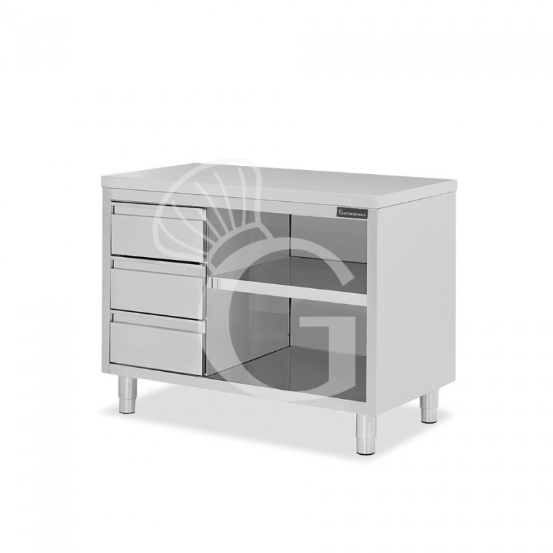 Offener Edelstahltisch mit 3 Schubladen auf der linken Seite B 1400 mm x T 700 mm x H 850 mm