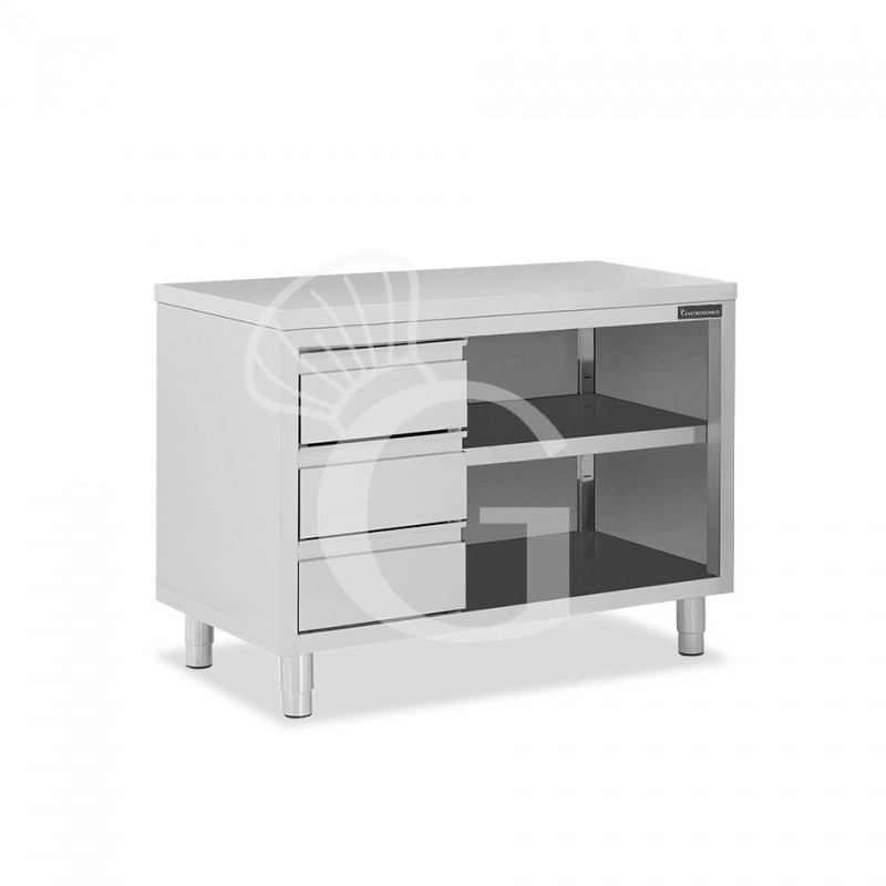 Offener Edelstahltisch mit 3 Schubladen auf der linken Seite B 1400 mm x T 700 mm x H 850 mm