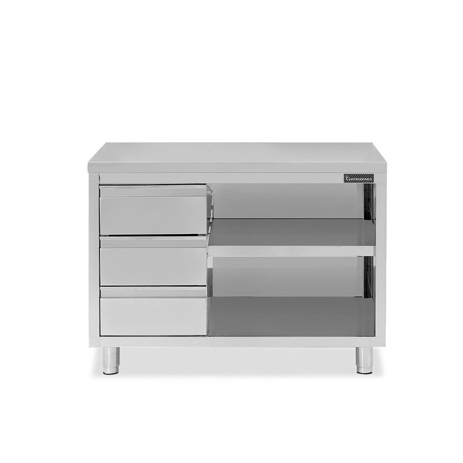 Offener Edelstahltisch mit 3 Schubladen auf der linken Seite B 1400 mm x T 700 mm x H 850 mm