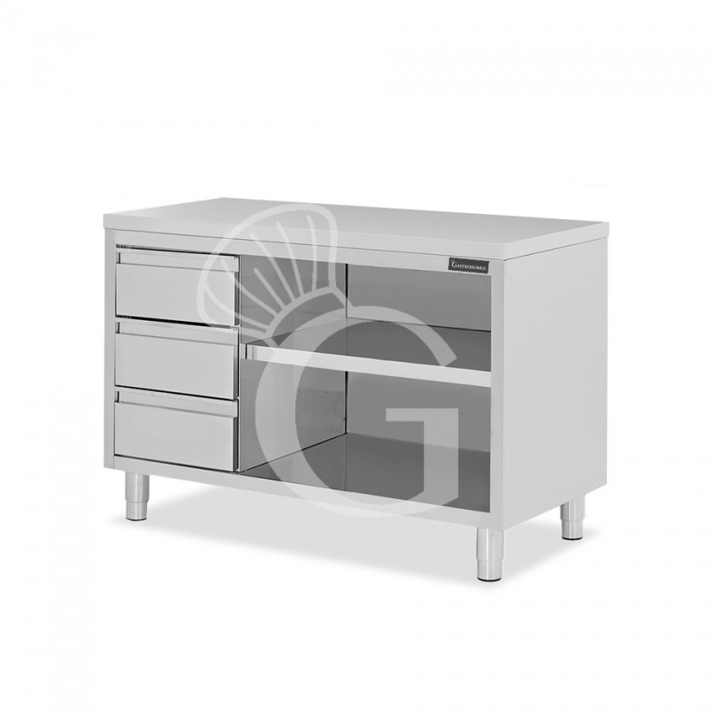 Offener Edelstahltisch mit 3 Schubladen auf der linken Seite B 1600 mm x T 600 mm x H 850 mm