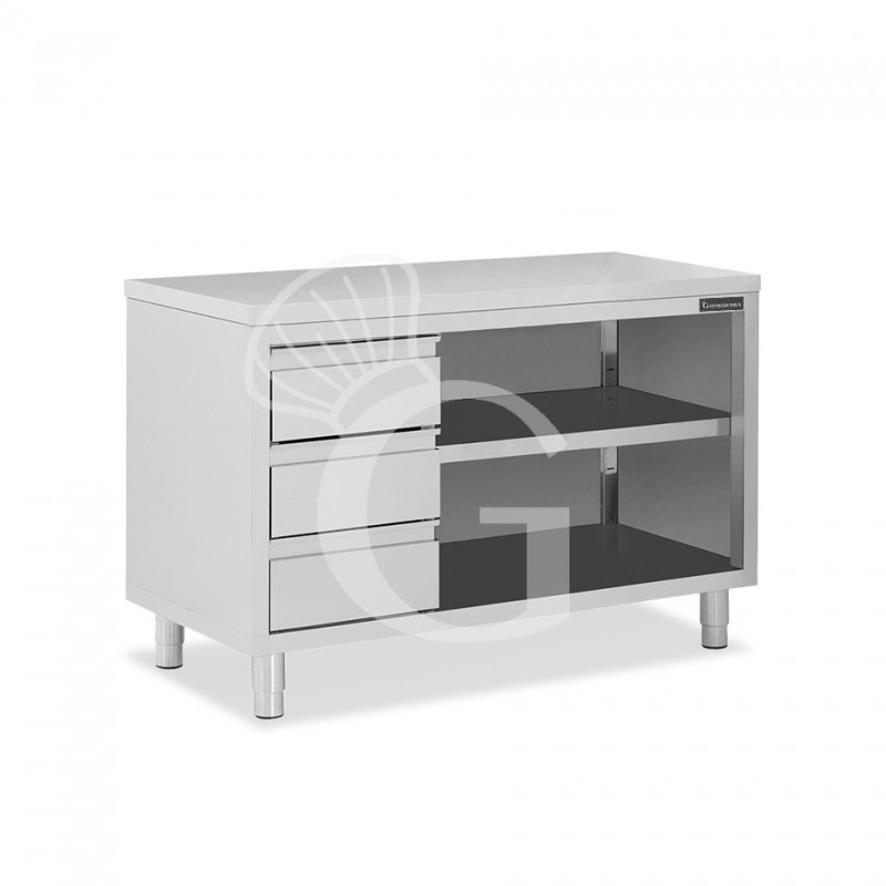 Offener Edelstahltisch mit 3 Schubladen auf der linken Seite B 1600 mm x T 700 mm x H 850 mm