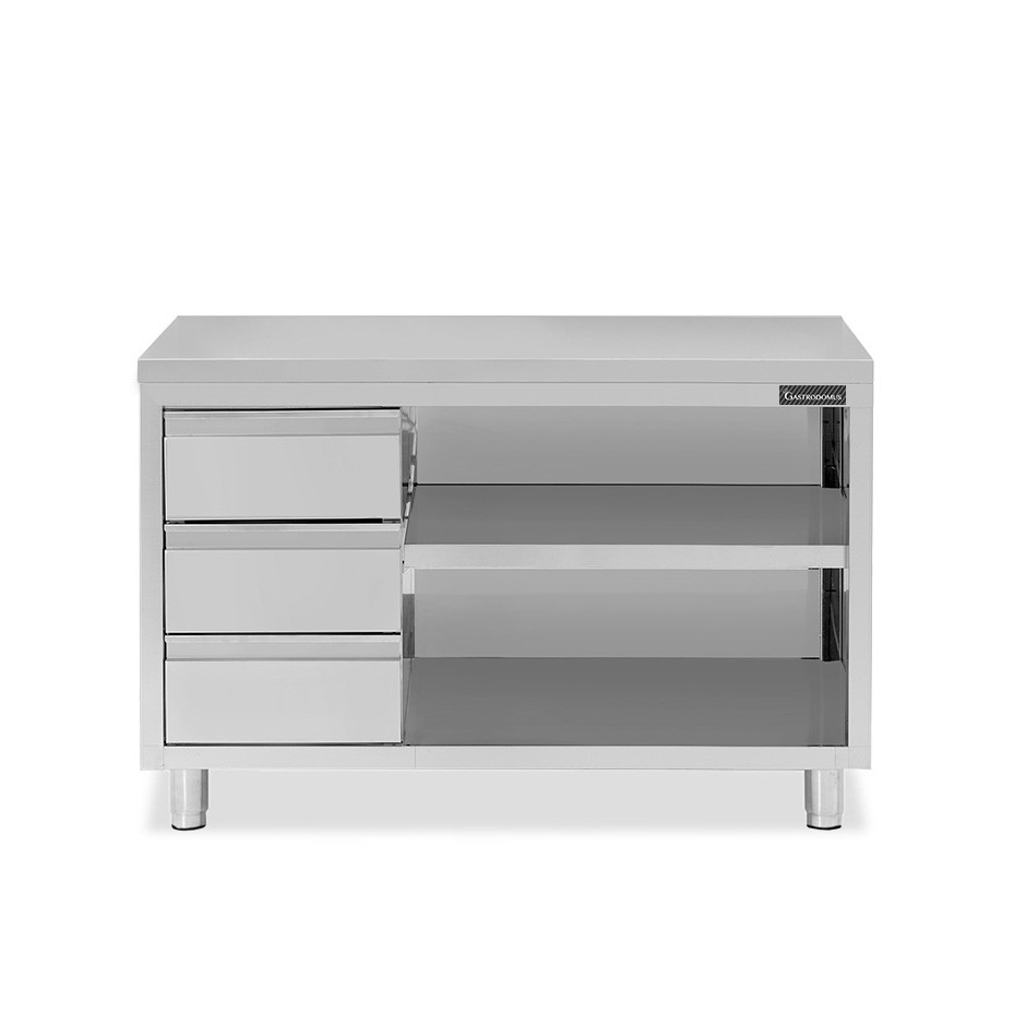 Offener Edelstahltisch mit 3 Schubladen auf der linken Seite B 1600 mm x T 700 mm x H 850 mm