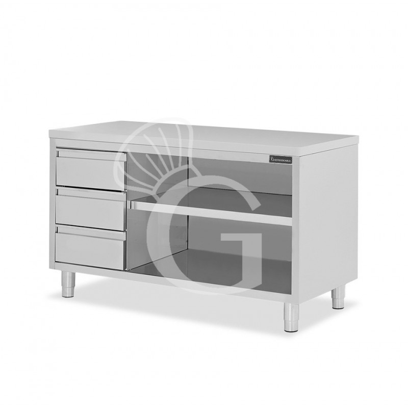 Offener Edelstahltisch mit 3 Schubladen auf der linken Seite B 1800 mm x T 700 mm x H 850 mm