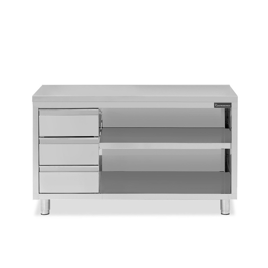 Offener Edelstahltisch mit 3 Schubladen auf der linken Seite B 1800 mm x T 700 mm x H 850 mm