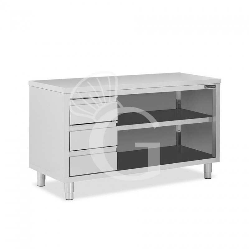Offener Edelstahltisch mit 3 Schubladen auf der linken Seite B 1900 mm x T 600 mm x H 850 mm