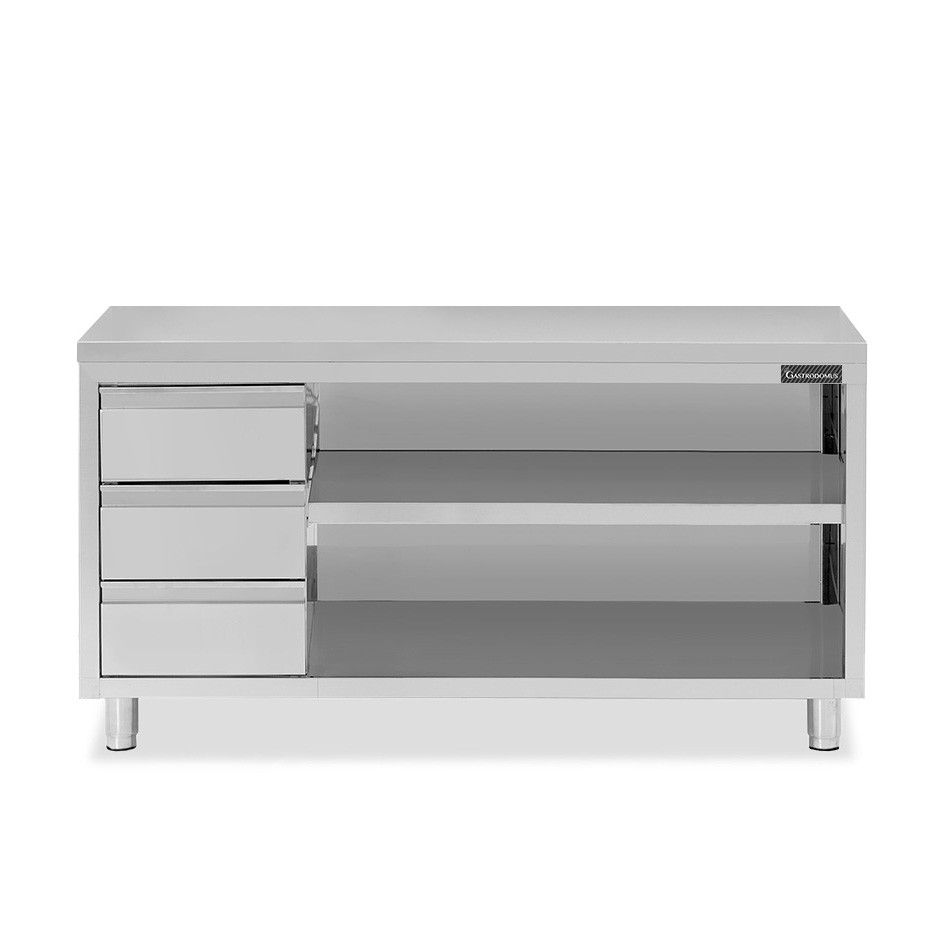Offener Edelstahltisch mit 3 Schubladen auf der linken Seite B 2000 mm x T 700 mm x H 850 mm