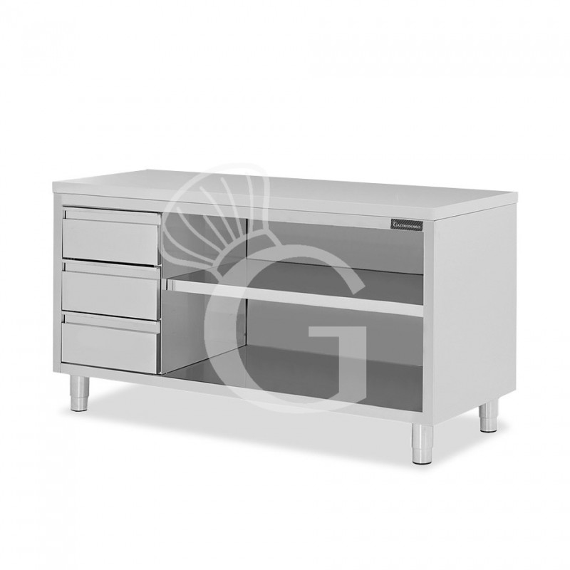 Offener Edelstahltisch mit 3 Schubladen auf der linken Seite B 2200 mm x T 600 mm x H 850 mm