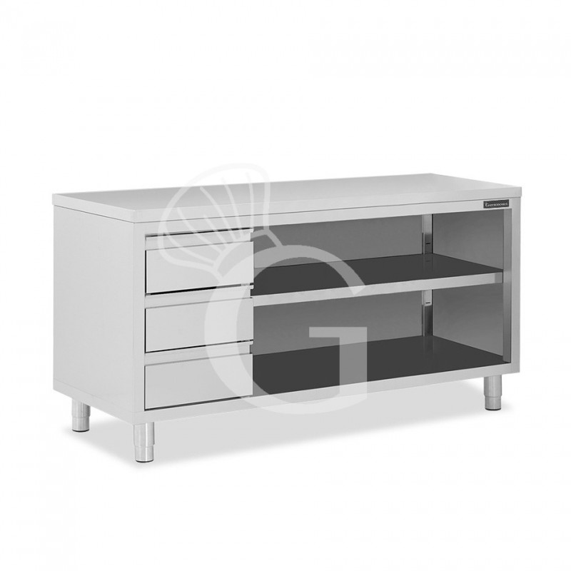 Offener Edelstahltisch mit 3 Schubladen auf der linken Seite B 2200 mm x T 600 mm x H 850 mm
