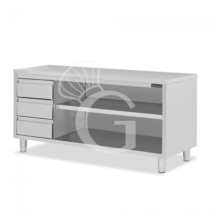 Tavolo a giorno in acciaio inox con 3 cassetti sul lato sinistro, L 2300 mm x P 600 mm x H 850 mm