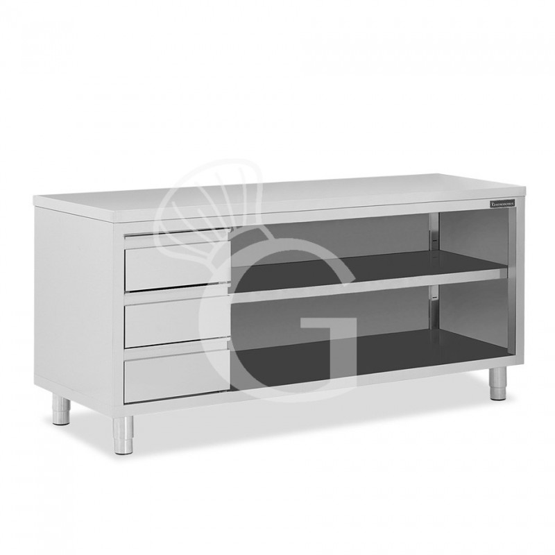 Tavolo a giorno in acciaio inox con 3 cassetti sul lato sinistro, L 2300 mm x P 600 mm x H 850 mm