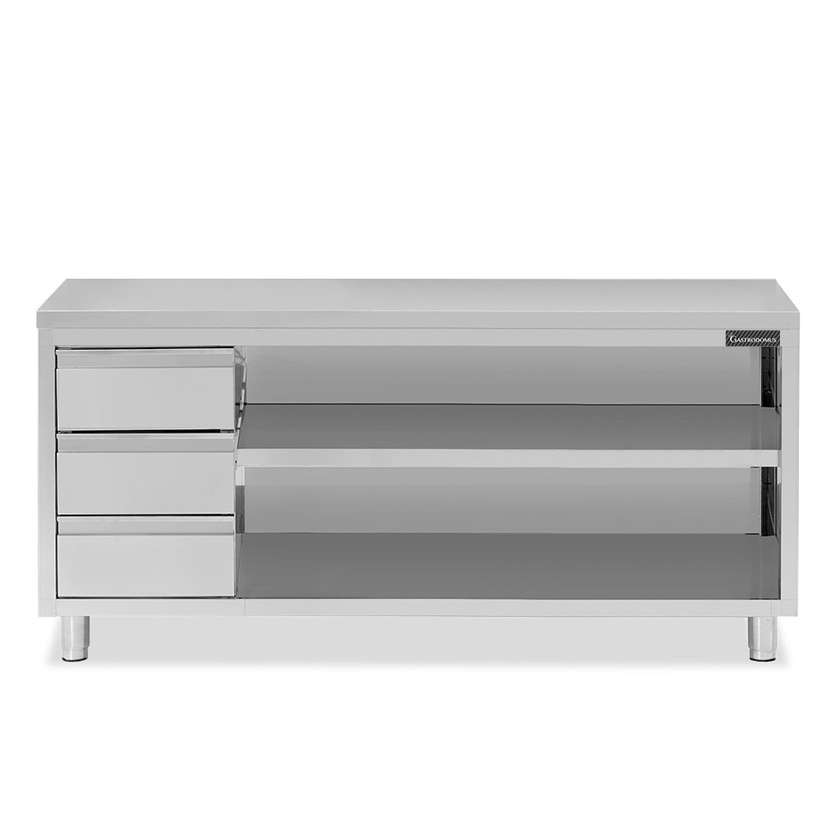 Tavolo a giorno in acciaio inox con 3 cassetti sul lato sinistro, L 2400 mm x P 700 mm x H 850 mm