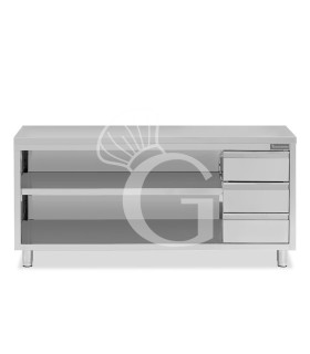 Offener Edelstahltisch mit 3 Schubladen auf der rechten Seite B 2200 mm x T 700 mm x H 850 mm