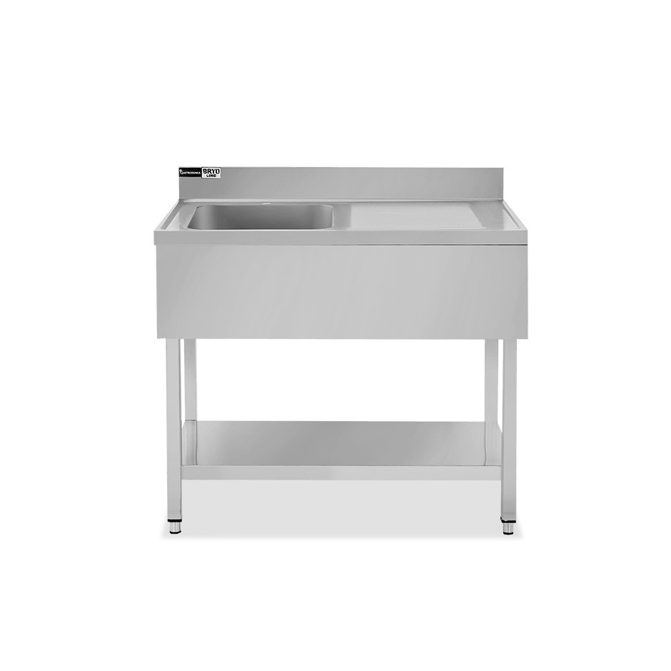 Topfspültisch, Edelstahl, Abtropffläche rechts, Grundboden, Aufkantung, 1 Becken, B 1000 x T 700 x H 965 mm, Hahnloch (Ø 32 mm)