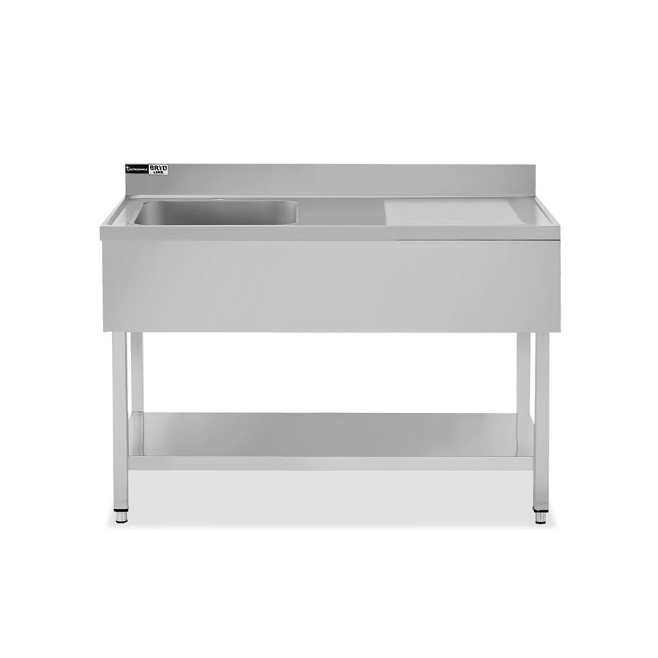 Topfspültisch, Edelstahl, Abtropffläche rechts, Grundboden, Aufkantung, 1 Becken, B 1400 x T 600 x H 965 mm, Hahnloch (Ø 32 mm)