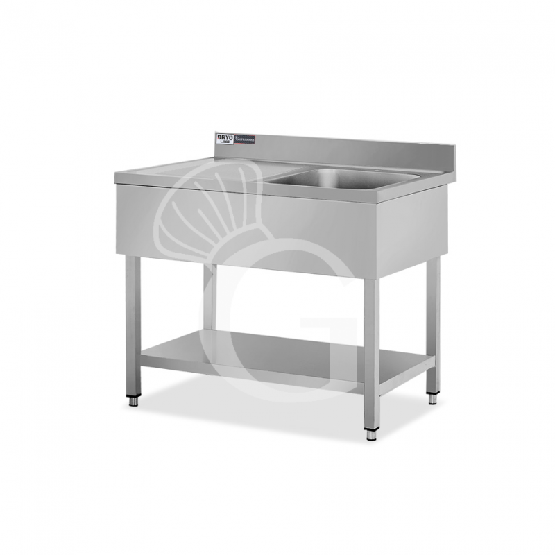 Spültisch, Edelstahl, Abtropffläche links, Grundboden, Aufkantung, 1 Becken, B 1100 x T 700 x H 965 mm, Hahnloch (Ø 32 mm)