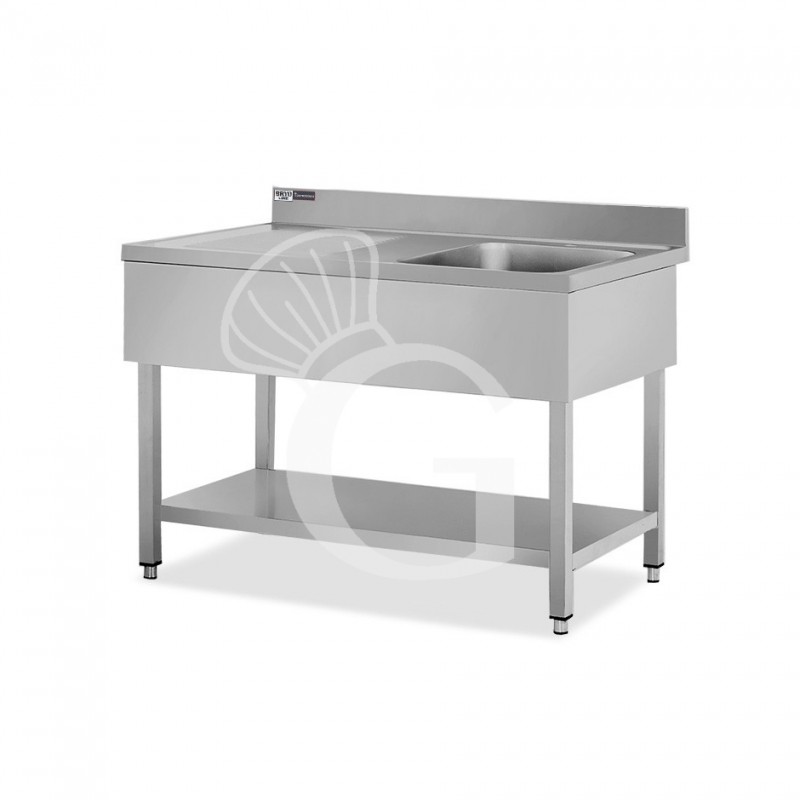 Spültisch, Edelstahl, Abtropffläche links, Grundboden, Aufkantung, 1 Becken, B 1300 x T 600 x H 965 mm, Hahnloch (Ø 32 mm)