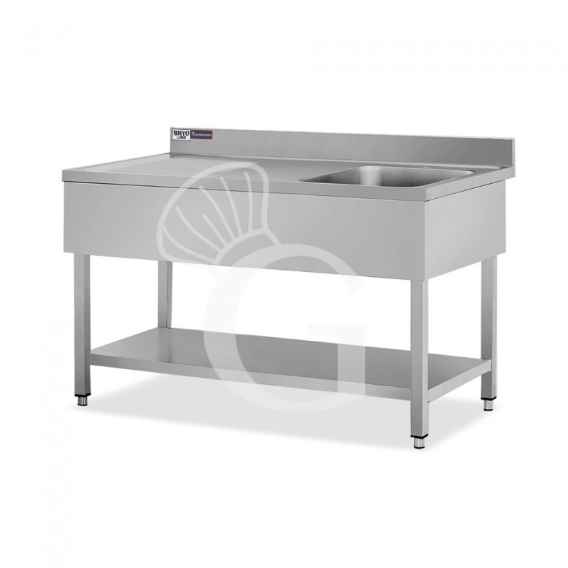 Spültisch, 1 Becken, Abtropffläche links, Grundboden, Aufkantung, Hahnloch Ø 32 mm, B 1400 mm x T 700 mm x H 965 mm