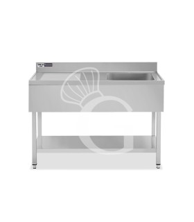Spültisch, 1 Becken, Abtropffläche links, Grundboden, Aufkantung, Hahnloch Ø 32 mm, B 1400 mm x T 700 mm x H 965 mm