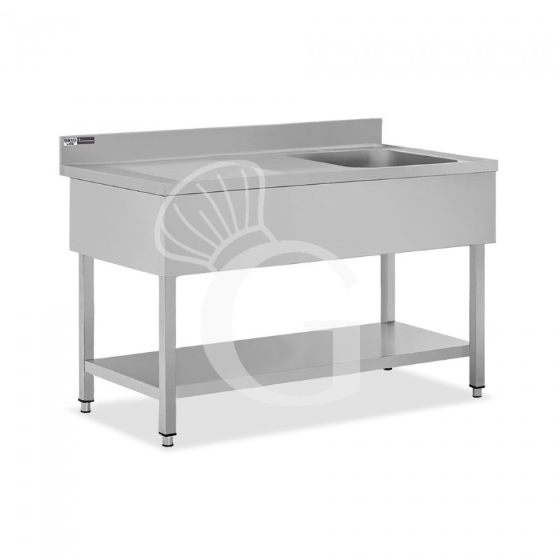 Spültisch, 1 Becken, Abtropffläche links, Grundboden, Aufkantung, Hahnloch Ø 32 mm, B 1400 mm x T 700 mm x H 965 mm