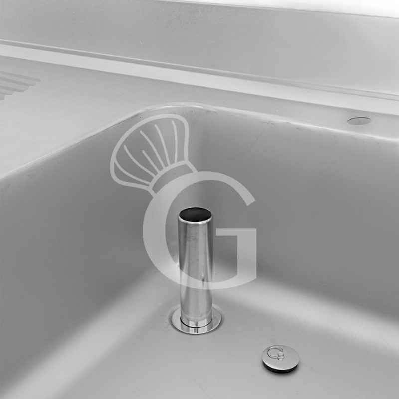 Spültisch, 1 Becken, Abtropffläche links, Grundboden, Aufkantung, Hahnloch Ø 32 mm, B 1400 mm x T 700 mm x H 965 mm