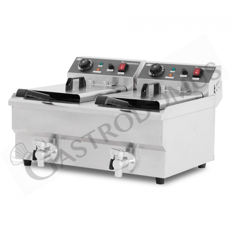 Elektro-Fritteuse mit Fettablasshähne, 2 Becken (2 x 10 Liter), Tischgerät, 2 x 3000 Watt, einphasig