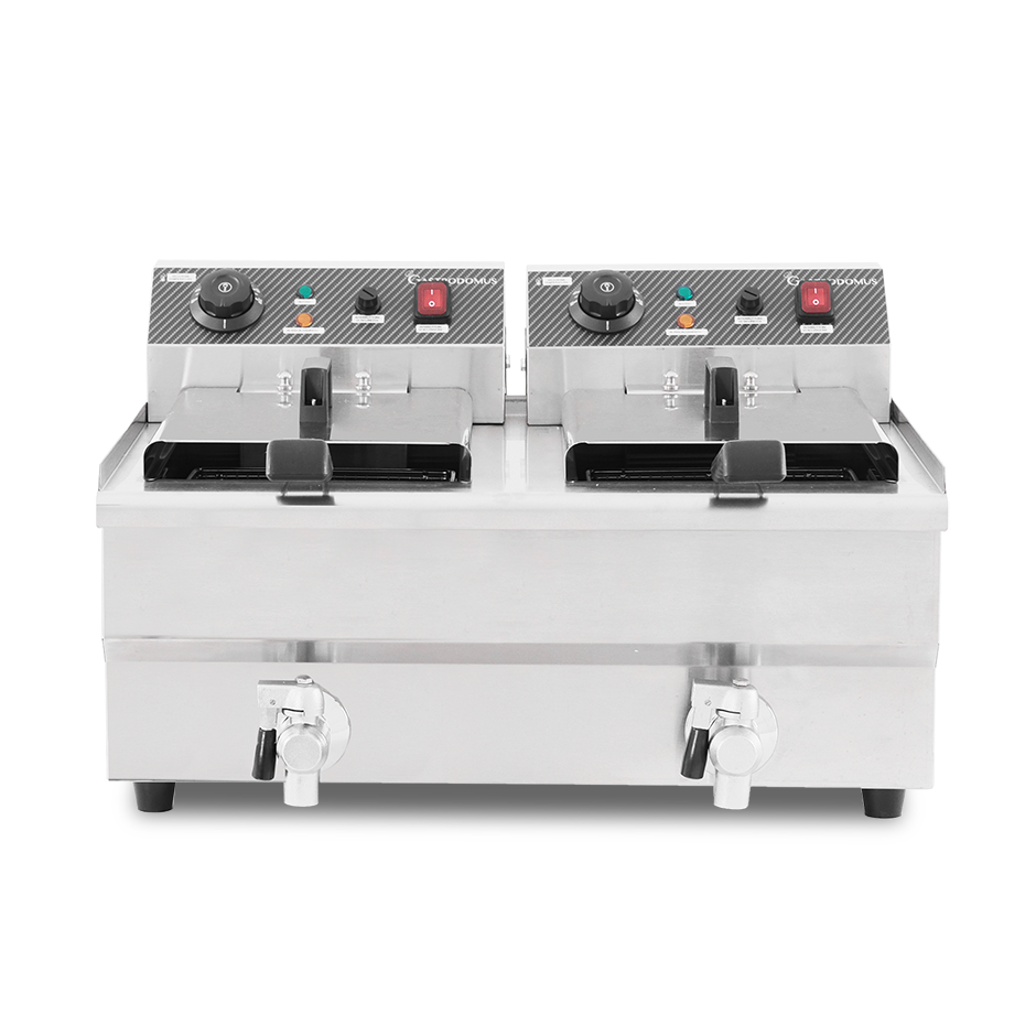 Elektro-Fritteuse mit Fettablasshähne, 2 Becken (2 x 10 Liter), Tischgerät, 2 x 3000 Watt, einphasig