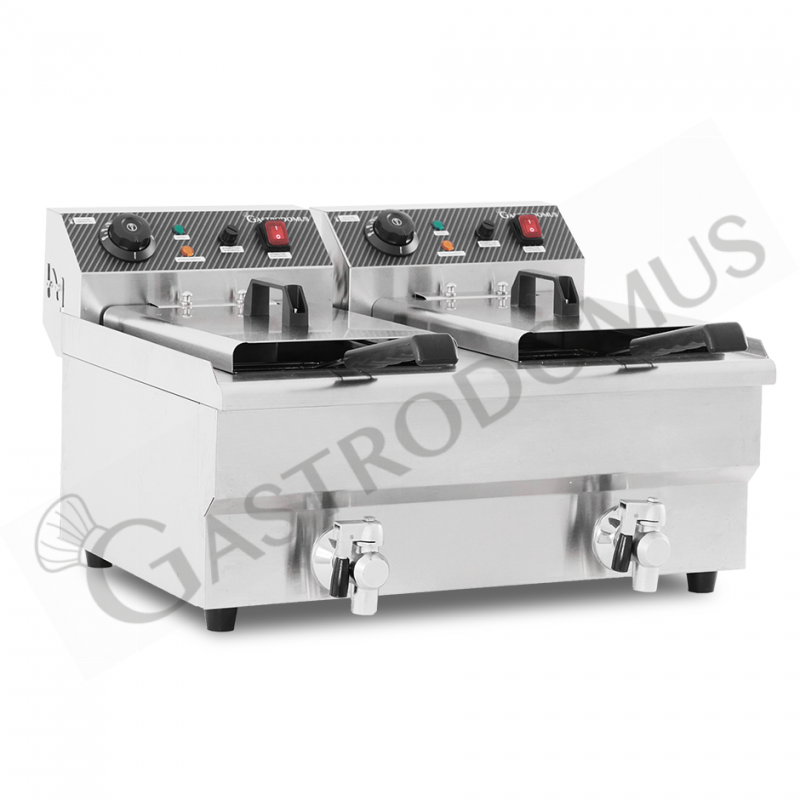Elektro-Fritteuse mit Fettablasshähne, 2 Becken (2 x 10 Liter), Tischgerät, 2 x 3000 Watt, einphasig