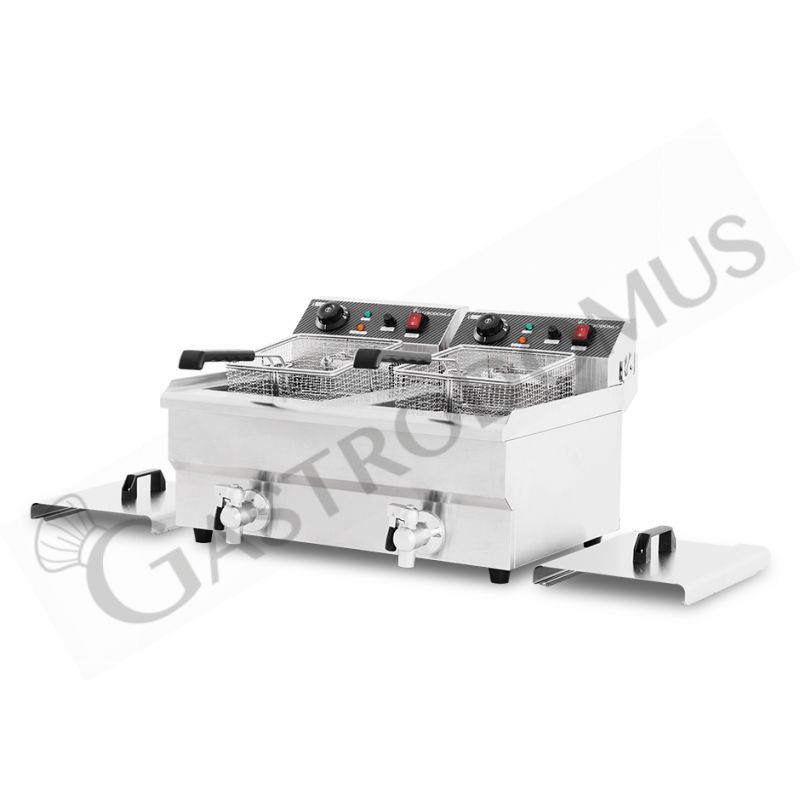 Elektro-Fritteuse mit Fettablasshähne, 2 Becken (2 x 10 Liter), Tischgerät, 2 x 3000 Watt, einphasig