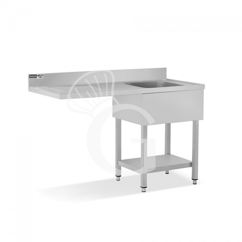 Spülmaschinen Spültisch (1400x600x965 mm), Edelstahl, 1 Becken, Abtropffläche links, Grundboden, Aufkantung, Hahnloch (Ø 32 mm)