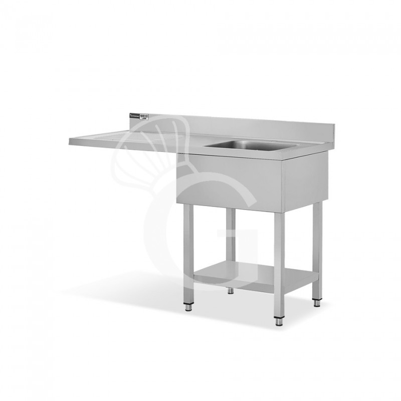 Spülmaschinen Spültisch (1400x700x965 mm), Edelstahl, 1 Becken, Abtropffläche links, Grundboden, Aufkantung, Hahnloch (Ø 32 mm)