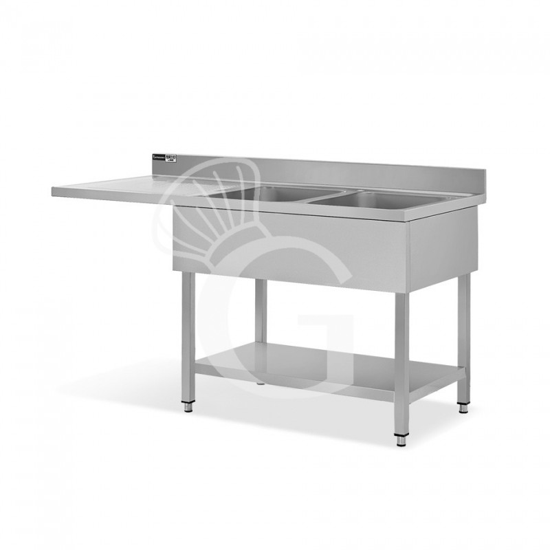 Spülmaschinen Spültisch (1600x600x965 mm), Edelstahl, 2 Becken, Abtropffläche links, Grundboden, Aufkantung, Hahnloch (Ø 32 mm)