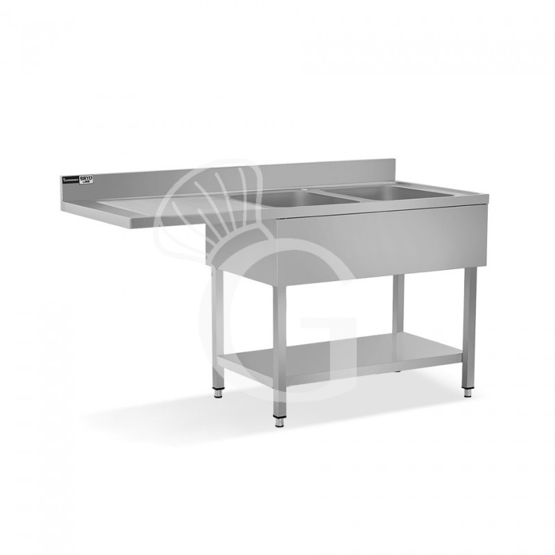 Spülmaschinen Spültisch (1600x600x965 mm), Edelstahl, 2 Becken, Abtropffläche links, Grundboden, Aufkantung, Hahnloch (Ø 32 mm)