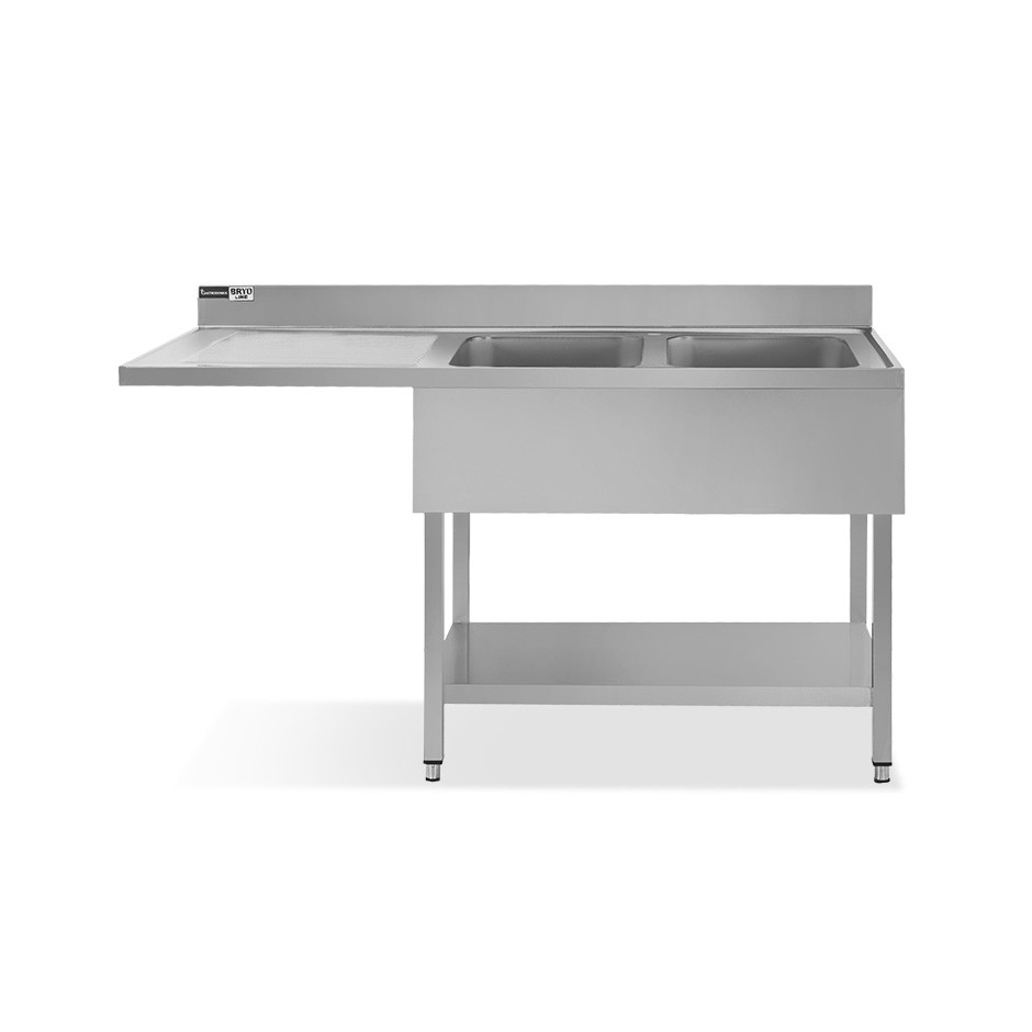 Spülmaschinen Spültisch (1600x600x965 mm), Edelstahl, 2 Becken, Abtropffläche links, Grundboden, Aufkantung, Hahnloch (Ø 32 mm)