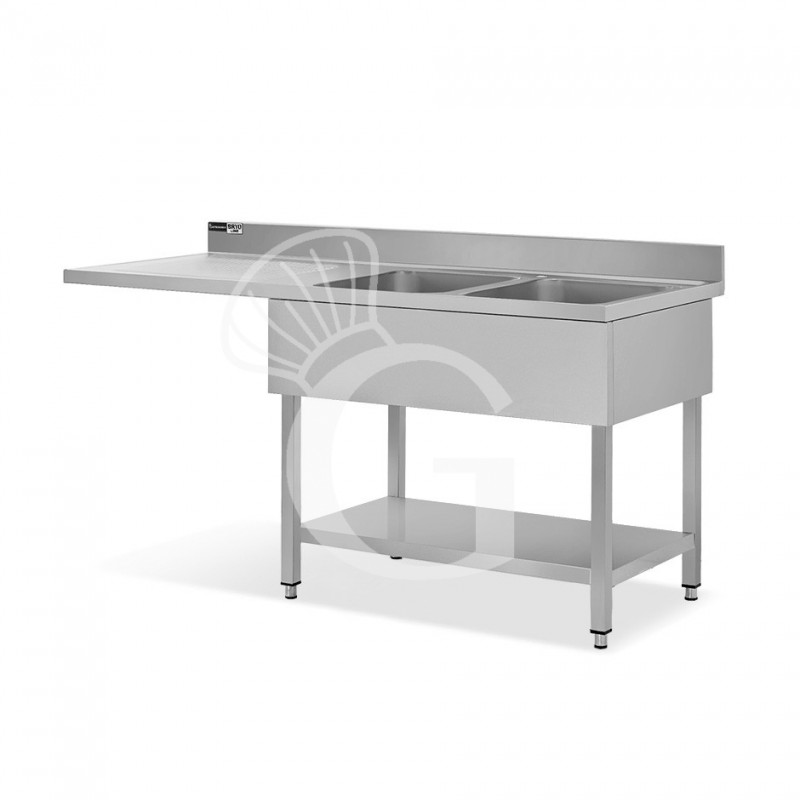 Spülmaschinen Spültisch, Edelstahl, 2 Becken, Abtropffläche links, Grundboden, B 2000 x T 600 x H 965 mm, Hahnloch (Ø 32 mm)