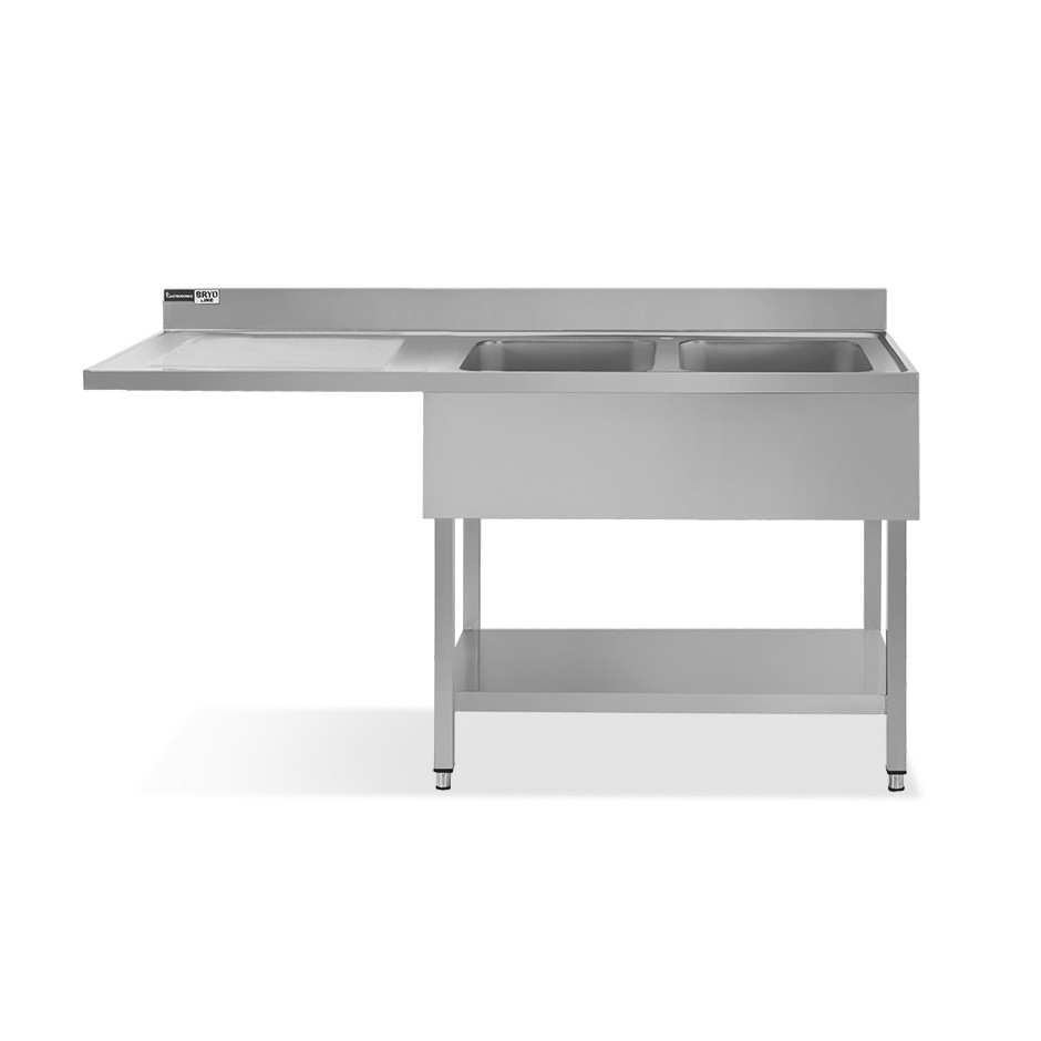 Spülmaschinen Spültisch, Edelstahl, 2 Becken, Abtropffläche links, Grundboden, B 2000 x T 600 x H 965 mm, Hahnloch (Ø 32 mm)
