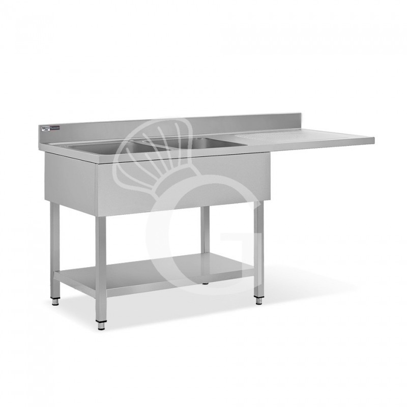 Spüle mit Spülmaschinenfach, Abtropffläche rechts, 2 Wannen B 1800 mm x T 600 mm x H 965 mm mit Hahnloch Ø 32 mm