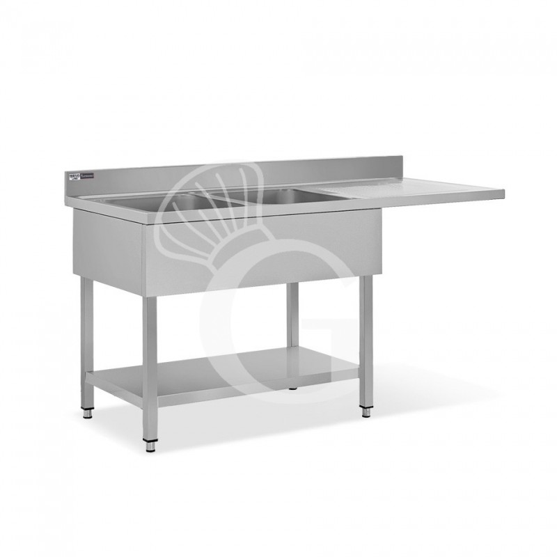 Spüle mit Spülmaschinenfach, Abtropffläche rechts, 2 Wannen B 1600 mm x T 700 mm x H 965 mm mit Hahnloch Ø 32 mm