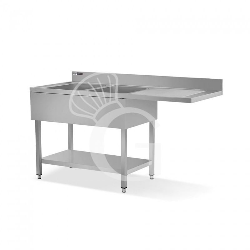 Spüle mit Spülmaschinenfach, Abtropffläche rechts, 2 Wannen B 1600 mm x T 700 mm x H 965 mm mit Hahnloch Ø 32 mm