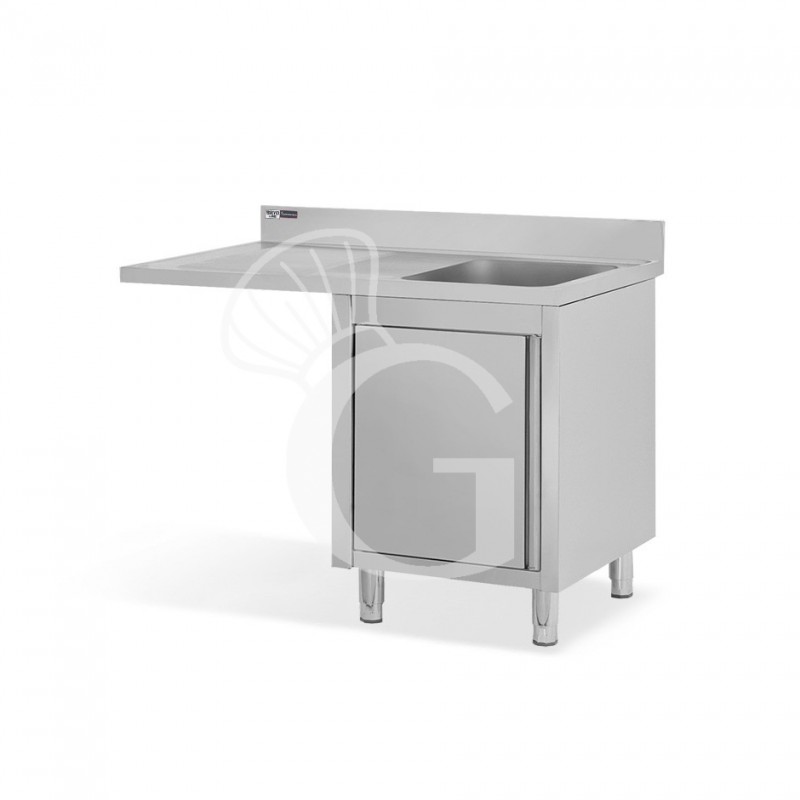 Spülmaschinen Spülschrank, Edelstahl, 1 Becken, Abtropffläche links, Flügeltür, Hahnloch Ø 32 mm, B 1200 x T 600 x H 965 mm