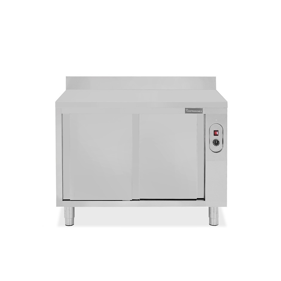 Beheizte Tisch aus Edelstahl mit Schiebetüren und Aufsatz B 1100 mm x T 600 mm x H 950 mm