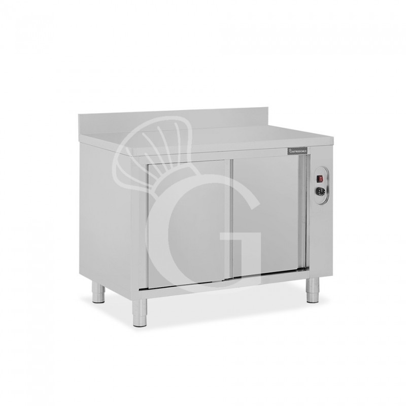 Beheizte Tisch aus Edelstahl mit Schiebetüren und Aufsatz B 1100 mm x T 600 mm x H 950 mm