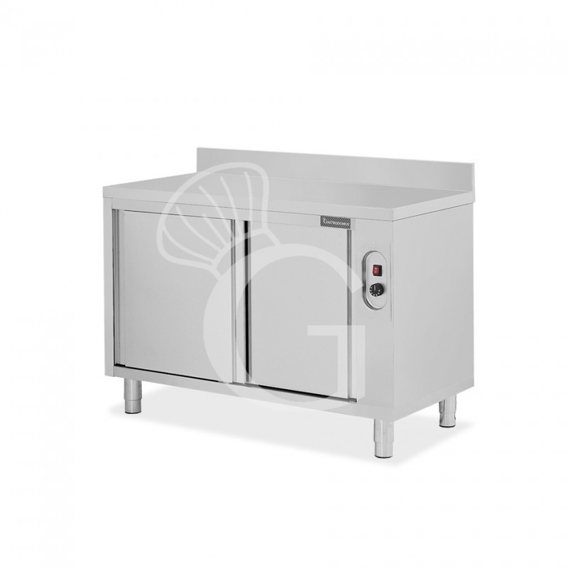 Beheizte Tisch aus Edelstahl mit Schiebetüren und Aufsatz B 1300 mm x T 700 mm x H 950 mm