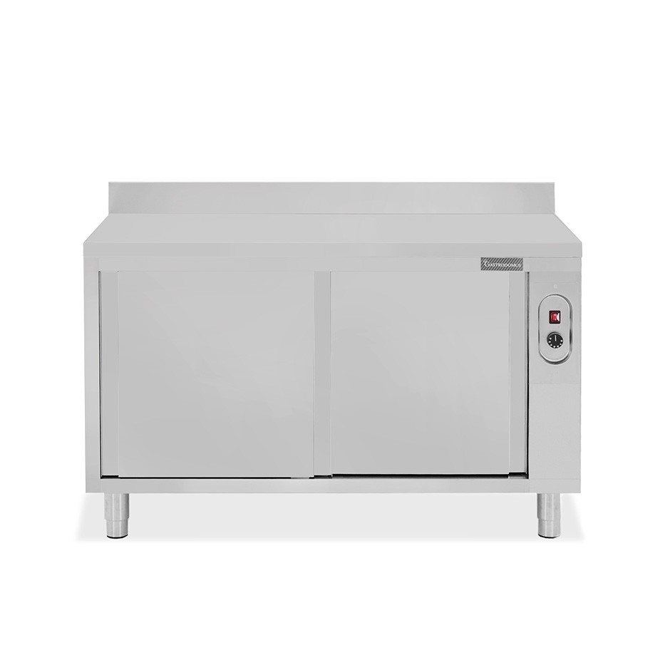 Beheizte Tisch aus Edelstahl mit Schiebetüren und Aufsatz B 1400 mm x T 600 mm x H 950 mm