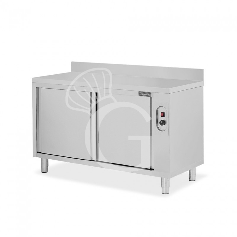 Beheizte Tisch aus Edelstahl mit Schiebetüren und Aufsatz B 1400 mm x T 700 mm x H 950 mm