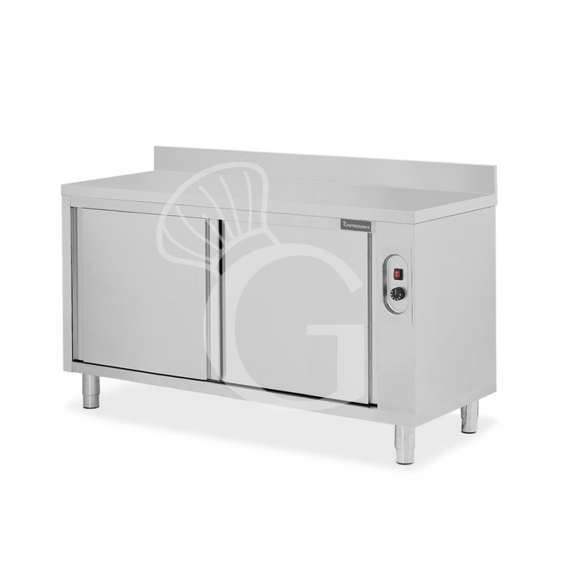 Beheizte Tisch aus Edelstahl mit Schiebetüren und Aufsatz B 1600 mm x T 600 mm x H 950 mm
