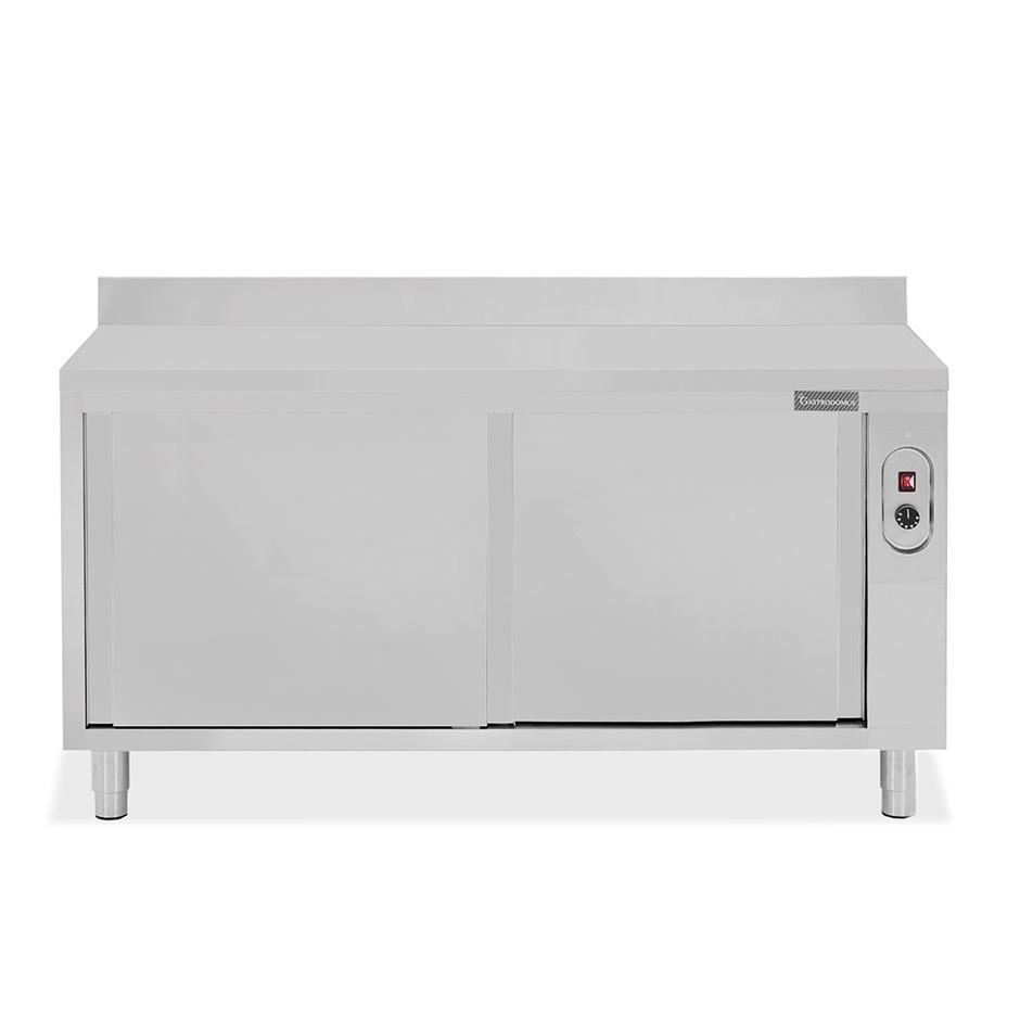 Beheizte Tisch aus Edelstahl mit Schiebetüren und Aufsatz B 1800 mm x T 700 mm x H 950 mm