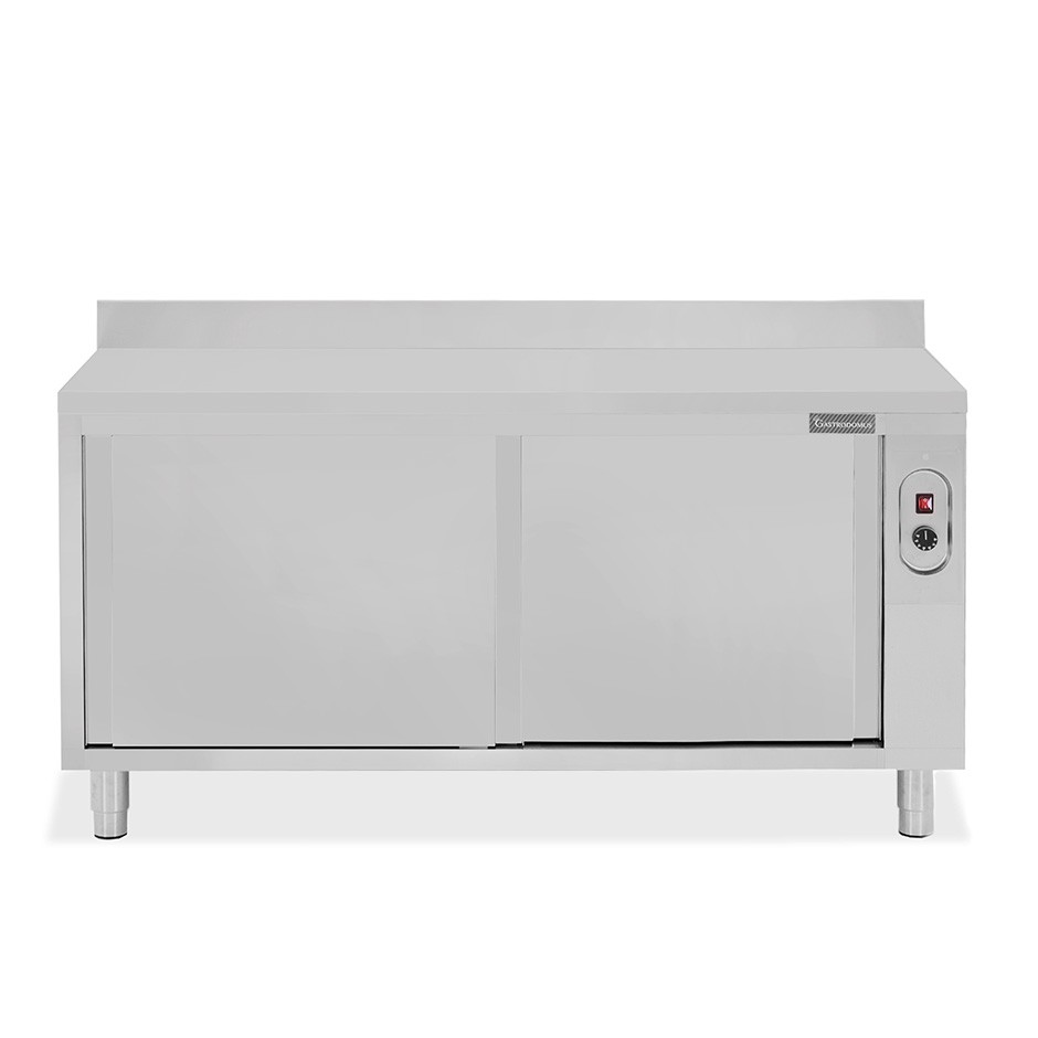 Beheizte Tisch aus Edelstahl mit Schiebetüren und Aufsatz B 2000 mm x T 700 mm x H 950 mm