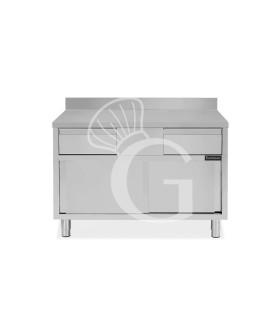 Schranktisch aus Edelstahl 2 Schiebetüren 2 Schubladen Aufsatz B 1000 mm x T 700 mm x H 950 mm