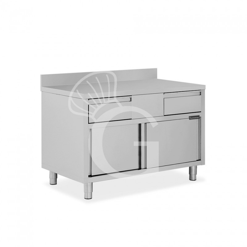 Schranktisch aus Edelstahl 2 Schiebetüren 2 Schubladen Aufsatz B 1000 mm x T 700 mm x H 950 mm