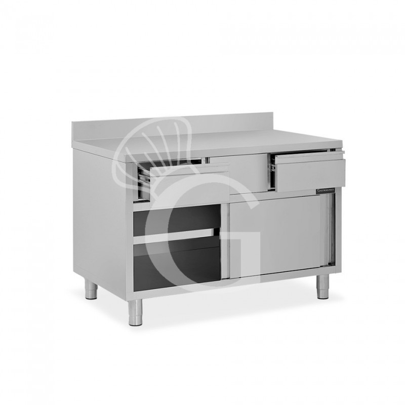 Schranktisch aus Edelstahl 2 Schiebetüren 2 Schubladen Aufsatz B 1000 mm x T 700 mm x H 950 mm